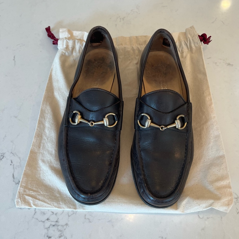 Gucci Dark Brown Leather Loafers with Gold Hardware